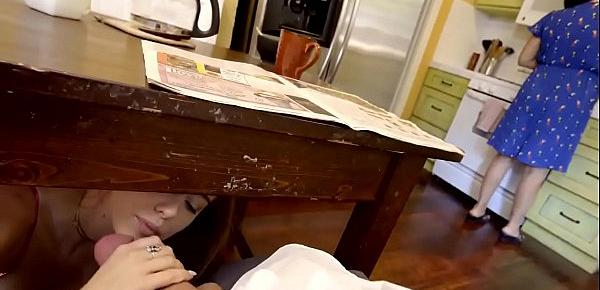  Daughter sneaks under the table to suck daddy&039;s cock